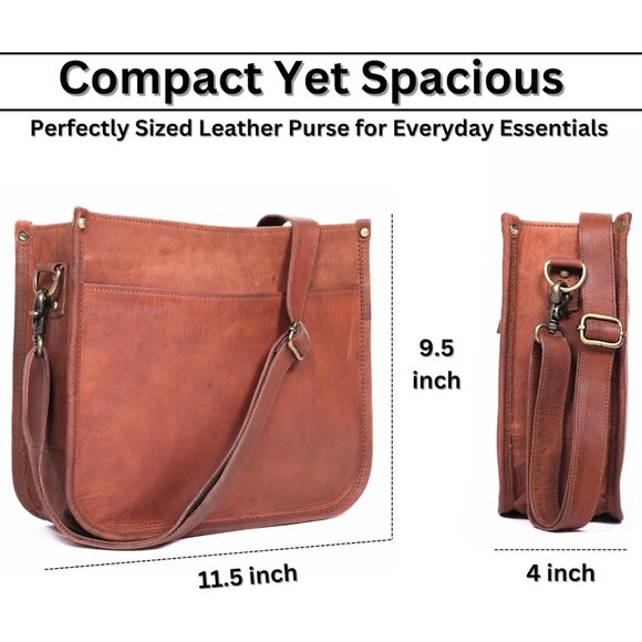 Genuine Leather Crossbody Purse Women Rustic Tan Medium Sized Bag with Zipper - Picture 5 of 7